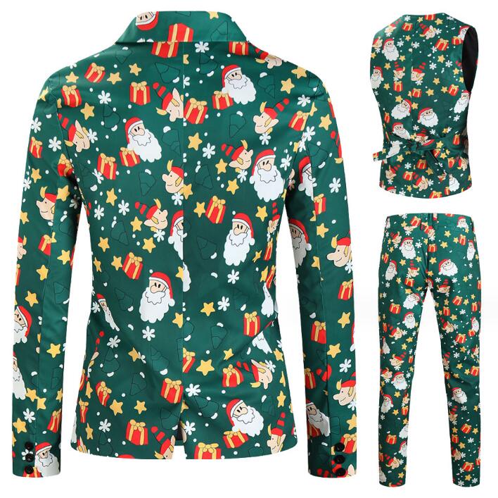 メンズ クリスマススーツ サンタコス コスプレ 衣装 クリスマス元素 スーツ 総柄スーツ 男性 クリスマスパーティー衣装 舞台 演出服 ジレベスト ジャケット パンツ シンガー カラオケ 魔術師 演出服 グリーン