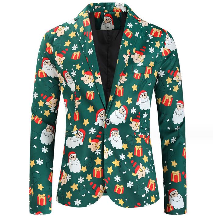 メンズ クリスマススーツ サンタコス コスプレ 衣装 クリスマス元素 スーツ 総柄スーツ 男性 クリスマスパーティー衣装 舞台 演出服 ジレベスト ジャケット パンツ シンガー カラオケ 魔術師 演出服 グリーン