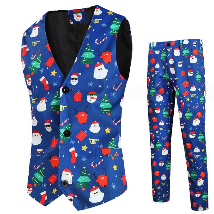 メンズクリスマススーツ 雪だるま柄 メンズ クリスマス コスプレ 衣装 ジャケット ベスト パンツ 男性 クリスマスパーティー衣装 舞台 演出服 シンガー カラオケ 魔術師 演出服 ブルー