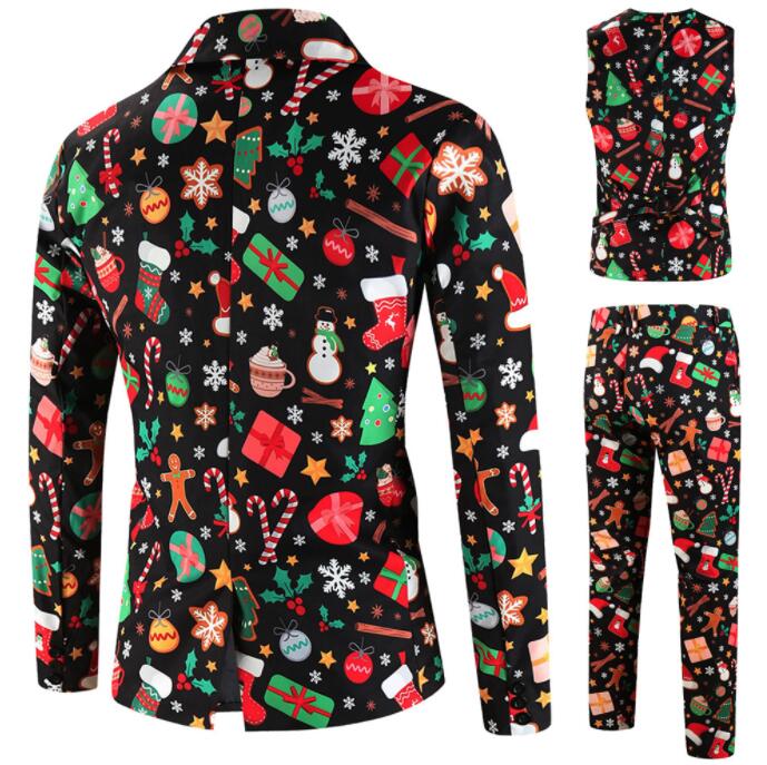 男性 クリスマス コスプレ衣装 メンズクリスマススーツ 雪だるま柄 スーツ クリスマス元素 総柄 ジャケット ベスト パンツ メンズ クリスマス 仮装 舞台 演出服 シンガー カラオケ 魔術師 演出服