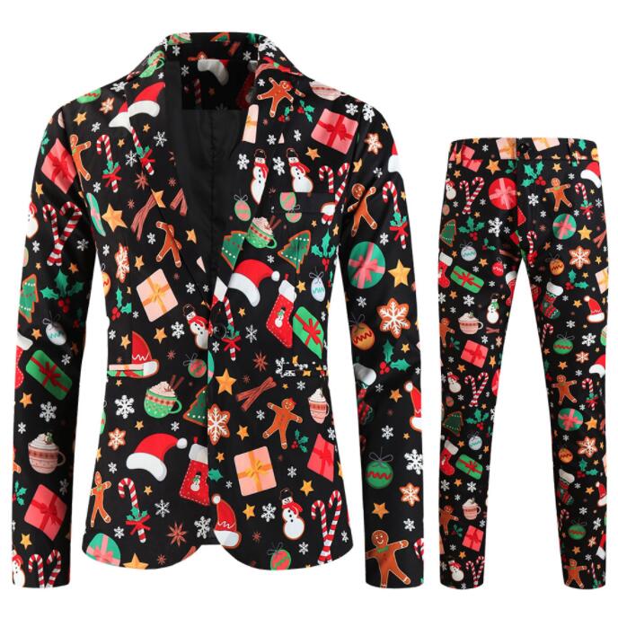 男性 クリスマス コスプレ衣装 メンズクリスマススーツ 雪だるま柄 スーツ クリスマス元素 総柄 ジャケット ベスト パンツ メンズ クリスマス 仮装 舞台 演出服 シンガー カラオケ 魔術師 演出服
