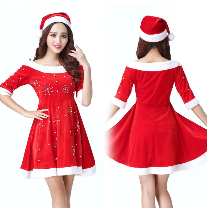 半袖 クリスマスドレス 2点セット ドレス+帽子 膝丈 クリスマスワンピース 雪柄 スパンコール付き 女性 クリスマス コスプレ 衣装 ボートネックドレス レトロドレス サンタコス