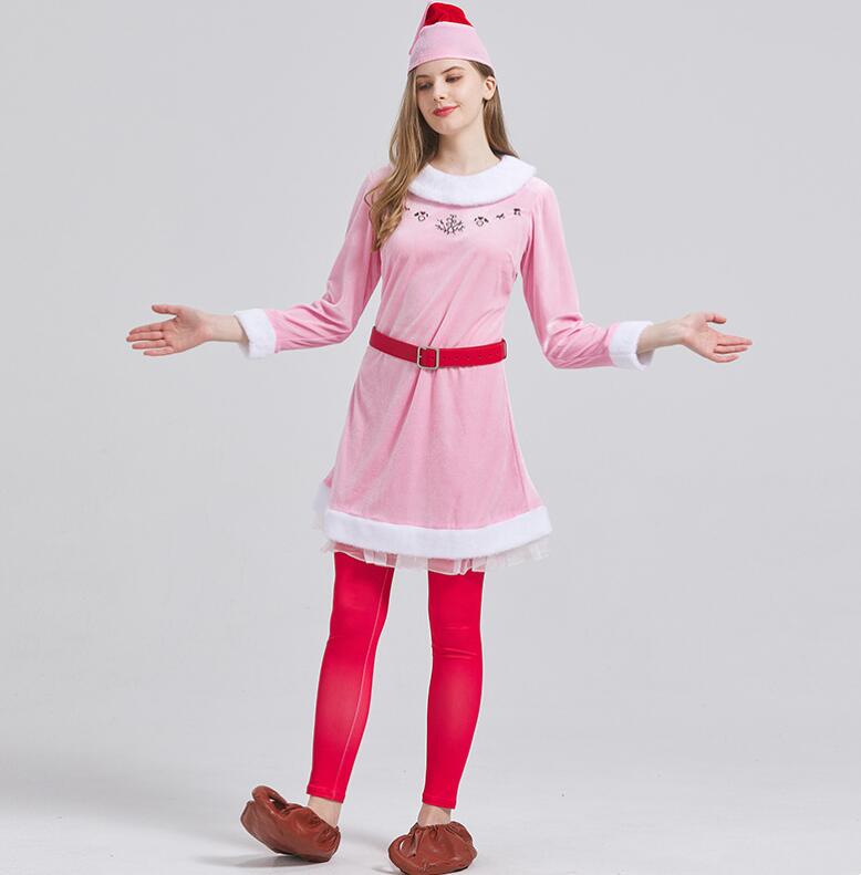 レディース クリスマス コスプレ衣装 女性 大人 クリスマス 変身仮装 5点セット ドレス＋レギンス＋帽子＋ベルト＋靴 長袖クリスマスドレス サンタコス クリスマス コスチューム ピンク