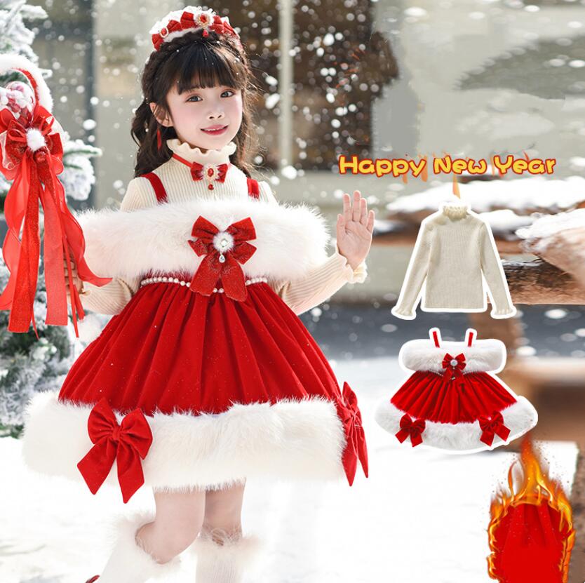 女の子 秋冬 ワンピース ベロアキャミソールドレス ボア ボートネックドレス ニット セーター 可愛い ..