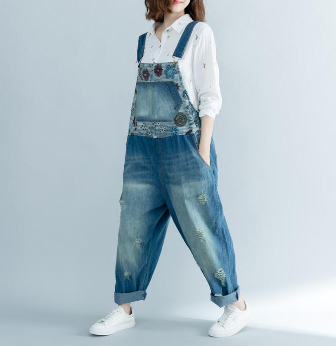 レディース オーバーオール デニム サロペット パンツ ゆったり 袴パンツ デニムサロペット ガウチョ デニムパンツ エスニック 花柄 デニムパンツ ダメージ加工 お洒落 個性