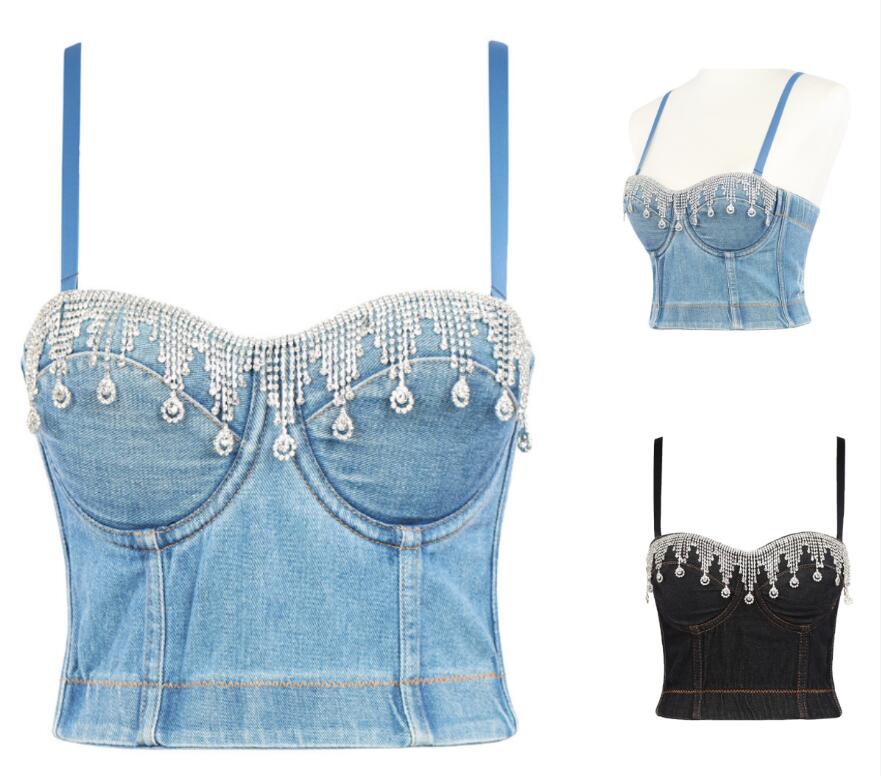デニム ブラトップ レディースダンス衣装 デニム ブラジャー ダンスブラ ビーズ付き キラキラ キャミソール タンクトップ ジャズ DS バー 舞台演出服 ブラ ビスチェ ブルー ブラック(4.0)