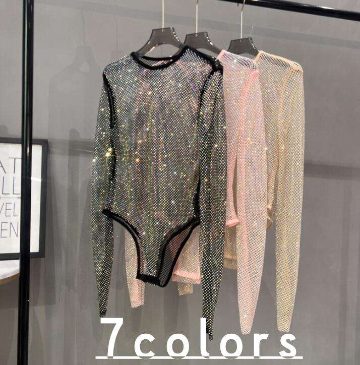 女性 シースルー Tシャツ メッシュ 魚網 長袖レオタード 大人 セクシー ダンス衣装 スパンコール付き キラキラ ビーズ付き ジャズダンス DS バー レクシー 演出服 透かし彫り レオタード 伸縮性あり