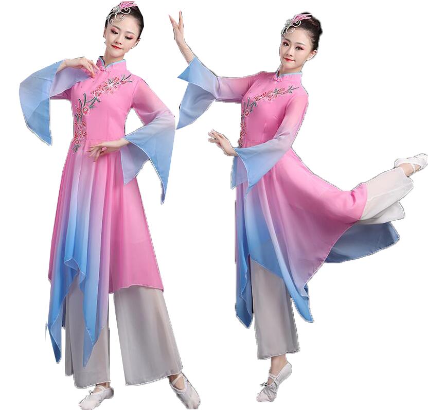 古典ダンスウェア 女性 舞台演出服 大きいサイズ チャイナ風ダンス衣装 チャイナドレス 上下セット フレア袖ドレス シフォンガウチョパンツ グラデーション 傘ダンス 扇子ダンス エスニック ステージ衣装
