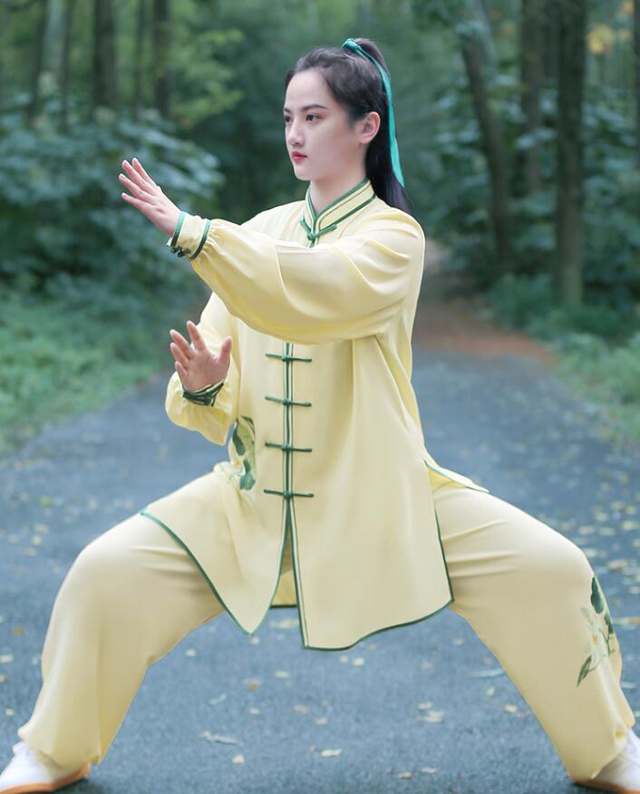 太極拳 ウェア 上下セット 中華風 太極拳服 蓮 花柄 レディース 武術服 カンフー ウーシュー チャイナ服 武術 太極拳 功夫 練功服 大極拳パンツ 文化祭 ...