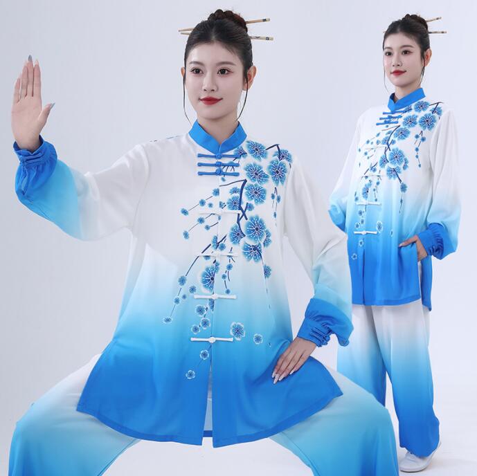 太極拳 服 グラデーション 梅柄 女性 カンフーウェア 長袖太極拳服 茶服 武術服 ウーシュー チャイナ服..