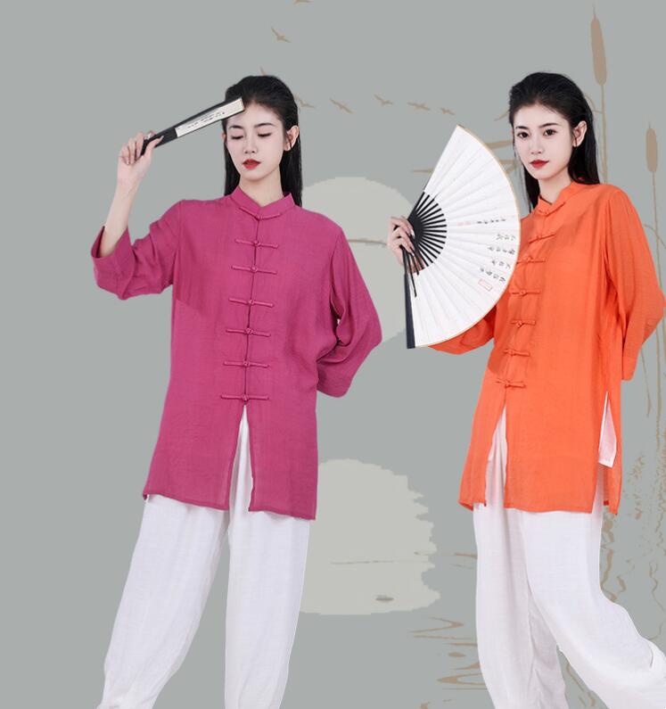 女性 太極拳 服 上下セット 春夏秋 七分袖 リネン 太極拳服 武術服 カンフー ウーシュー チャイナ服 武術 太極拳 功夫 練功服 大極拳パンツ 文化祭 学園...