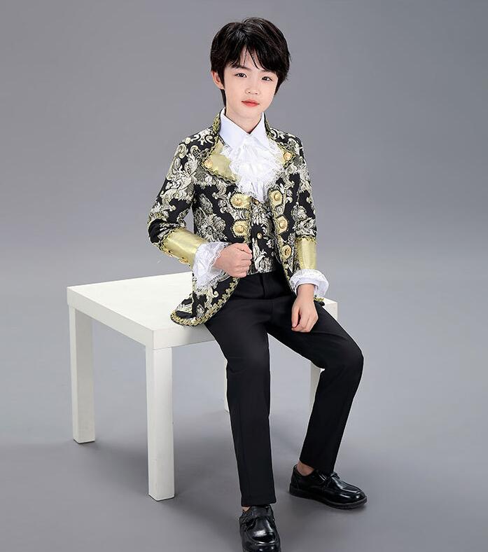 子供用タキシード 3点セット 燕尾服 子供 ヨーロッパ風 ジャカード花柄 男の子結婚式スーツ ピアノ 発表会 演奏会 王子様 オペラ衣装 舞台演出服 男の子燕尾...