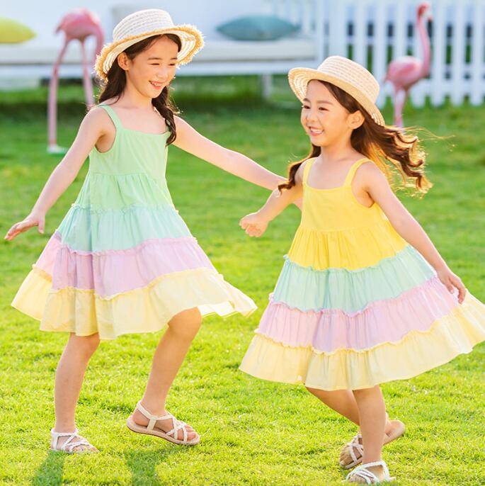 女の子 ドレス キャミソール 重ね重ね ワンピース 膝丈 虹色 ドレス 姉妹お揃い ドレス コットンドレス スカラップドレス 可愛いノースリーブドレス 2色