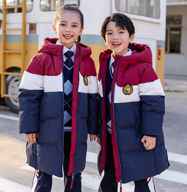 子供 中綿コート ロング丈コート 中綿入り アウター 配色 学園風 冬服 冬 学生制服 ユニフォーム 幼児 小学生 中学生 あったか ブルゾン 防風 防寒 コート 大きいサイズあり