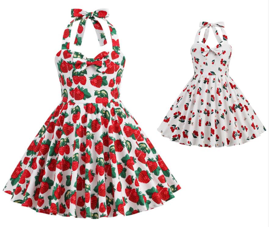 女の子 レトロドレス ヘップバーンドレス 膝丈 キャミソール 苺柄 チェリー柄 大きい裾ドレス コットン 可愛い リボン 子供 レトロドレス ダンス衣装 発表会 キッズ パーティードレス 110-150