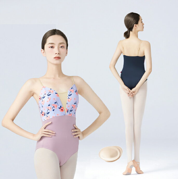 Rakuten - 大人 バレエ レオタード パット付き 花柄 新体操 レオタード 女性 バレエダンス衣装 キャミソール 新体操 専門服 ヨガ 練功服 ノースリーブレオタード ストレッチ ネイビー パープル