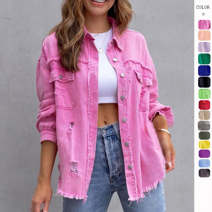 レディース デニムコート ダメージ加工 カラフル デニム ジャケット 女性 春秋 デニムアウター デニムシャツ ダンス衣装 個性 舞台 お揃い 演出服 デニムシ...