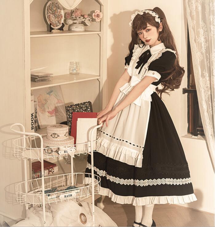 ロング丈 メイド服 ロリータワンピース メイド 可愛い ワンピース ロング丈ワンピース ハロウィン コスプレ 学園祭 文化祭 イベント衣装 長袖メイド服 半袖メイド服 エプロン取り外し可 髪飾り付き a-s-k-10003813 a・s・k store サンプル画像2