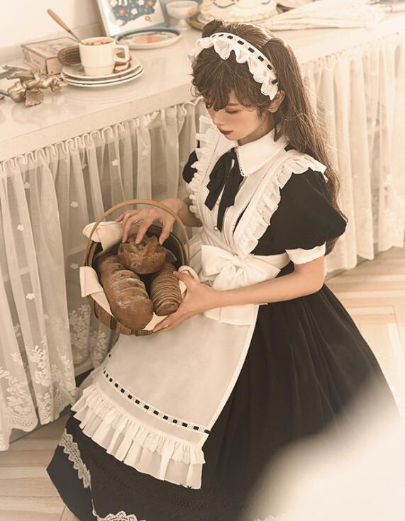 ロング丈 メイド服 ロリータワンピース メイド 可愛い ワンピース ロング丈ワンピース ハロウィン コスプレ 学園祭 文化祭 イベント衣装 長袖メイド服 半袖メイド服 エプロン取り外し可 髪飾り付き a-s-k-10003813 a・s・k store サンプル画像3