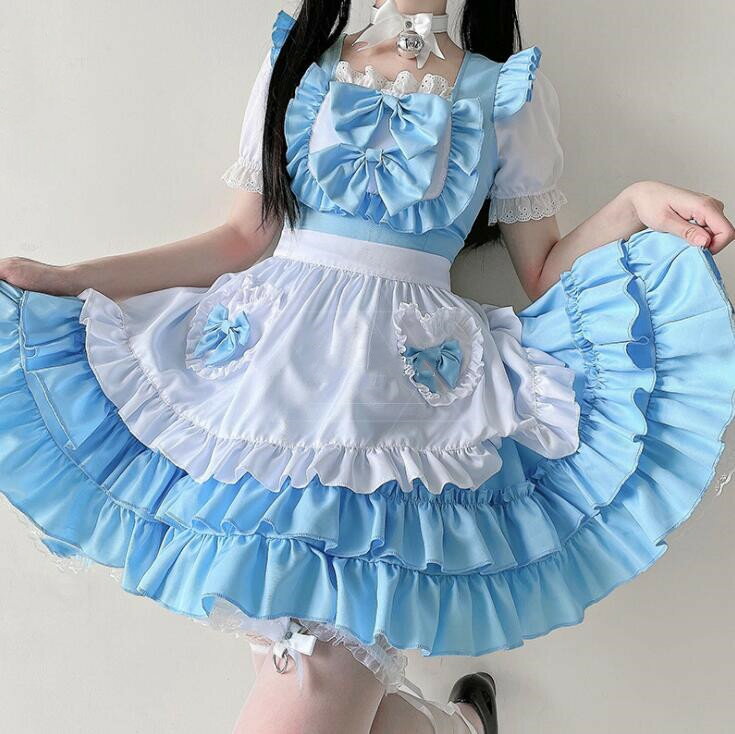 メイド服 可愛い ロリータワンピース ティアードワンピース 膝丈 ブルーメイド服 レディース ハロウィン衣裳 大人 コスチューム 半袖ワンピ エプロン リボン コスプレ 学園祭 文化祭 仮装