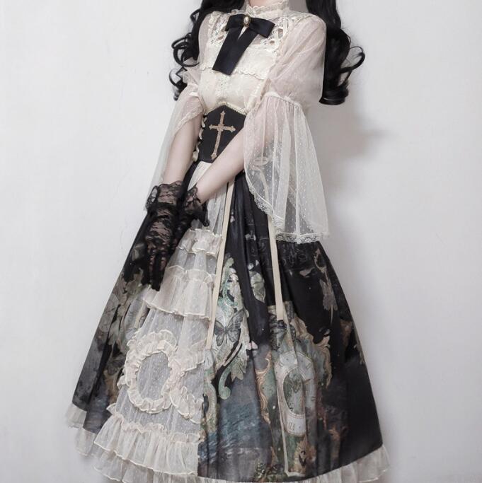 ゴシック ワンピース ゴスロリ ロリータ ブラウス フレア袖 レース ブラウス ロリータワンピース 膝丈 蝶元素 ドレス ハロウィン コスプレ コスチューム a-s-k-10005317 a・s・k store サンプル画像2