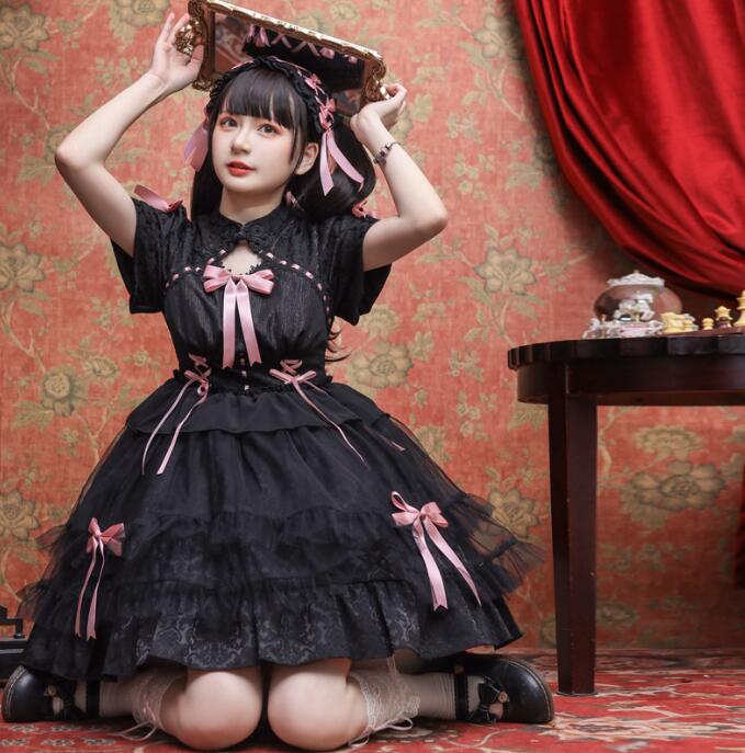 漢風 ロリータワンピース 半袖 チャイナドレス 可愛い ロリータ服 ティアードドレス 中華服 リボン付き ジャカード 花柄 ハロウィン コスプレ衣装 コスチューム 白 黒 a-s-k-10005343 a・s・k store サンプル画像2