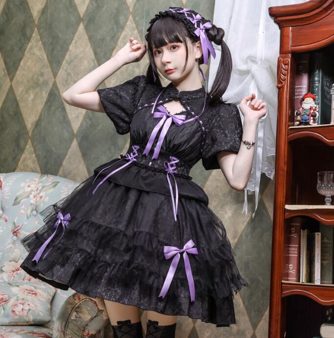 漢風 ロリータワンピース 半袖 チャイナドレス 可愛い ロリータ服 ティアードドレス 中華服 リボン付き ジャカード 花柄 ハロウィン コスプレ衣装 コスチューム 白 黒 a-s-k-10005343 a・s・k store サンプル画像3