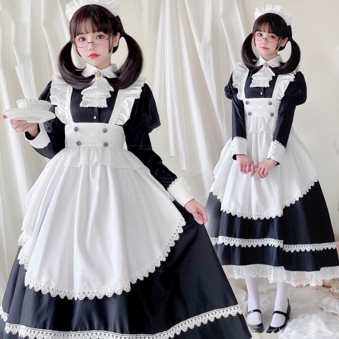 メイド服 ロング丈 長袖 メイドワンピース マキシメイドコスチューム 黒白 メイド服 コスプレ ロリータ ワンピース メイド喫茶 cosplay ロング エプロン ワンピ ハロウィン イベント 仮装 4点セット