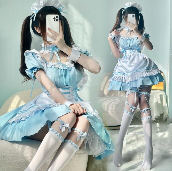 メイド服 7点セット ショート丈 メイドロリータ ワンピース メイド喫茶 cosplay メイド cos 可愛い ロリータワンピース ハロウィン コスチューム 文化祭 学園祭 変身仮装 ブルー