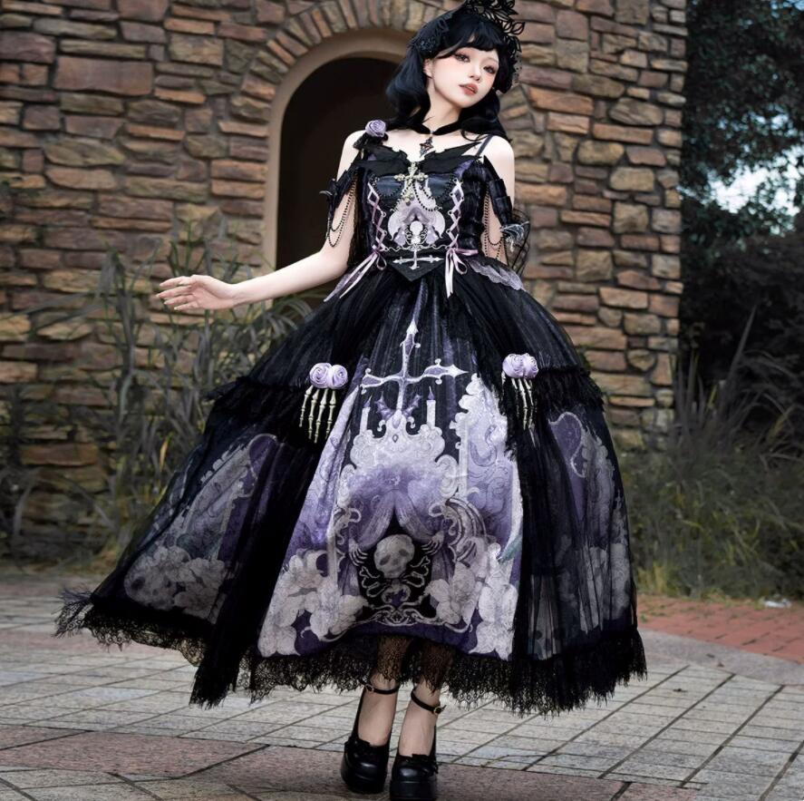 レディース ゴシック ロリータ服 暗黒風 ゴスロリ 上下セット キャミソールトップス ロング丈スカート 髑髏柄 女性 大人 ハロウィン コスプレ衣装 舞台劇 オペラ 演出服 髑髏 吸血鬼 魔女 仮装 コスチューム a-s-k-10012621 a・s・k store パッケージ画像