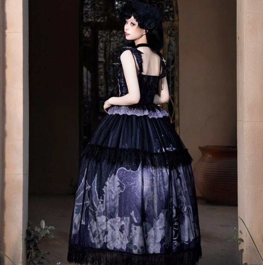 レディース ゴシック ロリータ服 暗黒風 ゴスロリ 上下セット キャミソールトップス ロング丈スカート 髑髏柄 女性 大人 ハロウィン コスプレ衣装 舞台劇 オペラ 演出服 髑髏 吸血鬼 魔女 仮装 コスチューム a-s-k-10012621 a・s・k store サンプル画像2