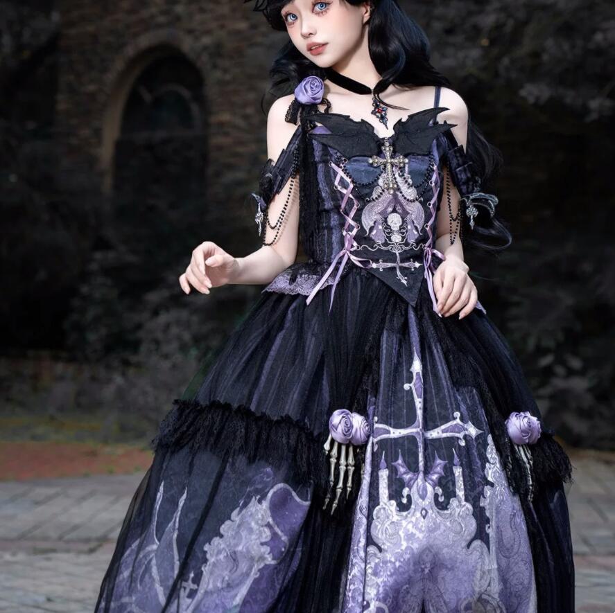 レディース ゴシック ロリータ服 暗黒風 ゴスロリ 上下セット キャミソールトップス ロング丈スカート 髑髏柄 女性 大人 ハロウィン コスプレ衣装 舞台劇 オペラ 演出服 髑髏 吸血鬼 魔女 仮装 コスチューム a-s-k-10012621 a・s・k store サンプル画像3