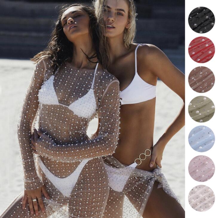 シースルー ドレス ロング丈 カバー ビーズ付き セクシー ダンス衣装 チュールドレス 真珠付き DS バー 演出服 海 カバー 6色
