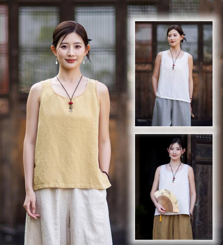 タンクトップ レディース 亜麻+リヨセル ベスト 女性 夏 ナチュラル ベスト 袖なしトップス ゆったり 薄手 タンクトップ クールビズ 肌に優しい 女性 大人 夏 薄手 通気 無地 トップス おしゃれ
