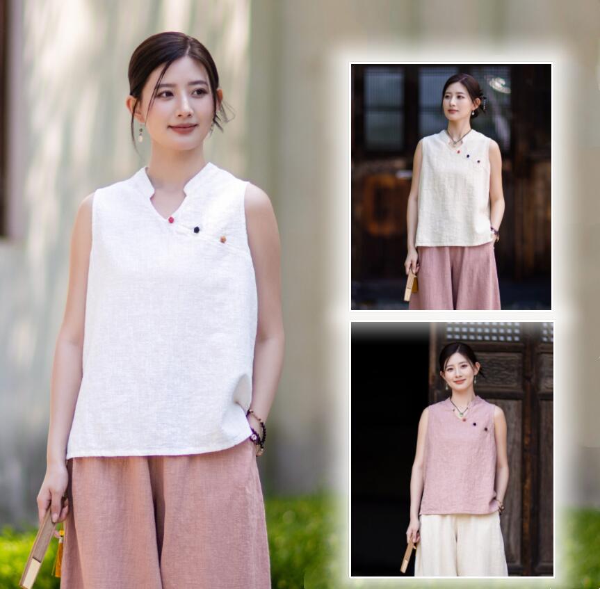 ラミー タンクトップ レディース 中華風 苧麻＋綿 トップス チャイナ服 女性 夏 ナチュラル 袖なしトップス 薄手 タンクトップ クールビズ 肌に優しい 女性 大人 夏 薄手 通気 無地 トップス おしゃれ