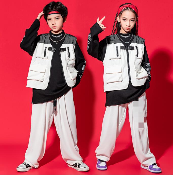 キッズダンス衣装 ジャズダンス ヒップホップ 子供 かっこいい 演出服 長袖Tシャツ カーゴベスト メッシュ入り パンツ 男の子 女の子 舞台お揃い 演出服 学園祭 文化祭 体育祭 発表会 ベルトなし