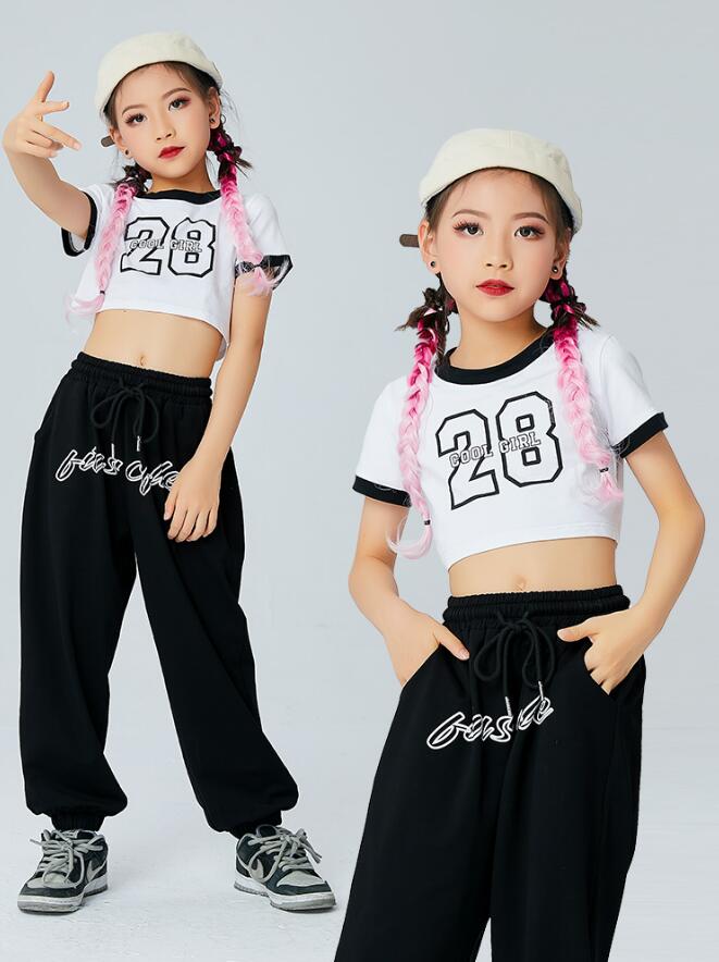 女の子かっこいいダンス衣装 ジャズ ヒップホップ チアガール 演出服 女の子 サルエルパンツ へそ出しTシャツ jazz hiphop ステージ衣装 個性 黒 白