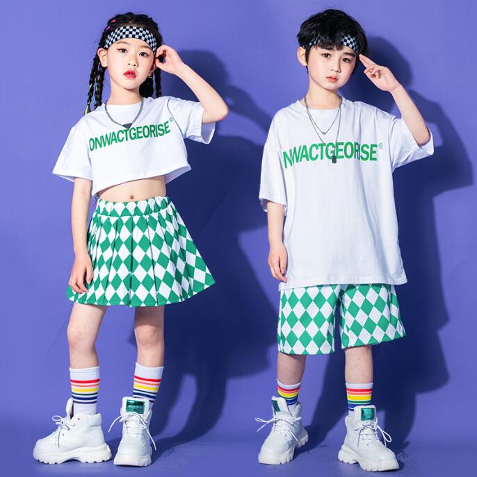 キッズダンス衣装 子供 ジャズ ヒップホップ 女の子 スカートセット 男の子 パンツセット 男女お揃い 個性 演出服 チアガール Tシャツ jazz hiphop プリーツスカート ステージ衣装 グリーン
