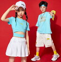 キッズダンス衣装 チアガール 女の子 プリーツスカート 半袖Tシャツ 男の子 カーゴ半ズボン ジャズ ヒップホップ 舞台お揃い 演出服 個性 体育祭 運動会 ステージ衣装