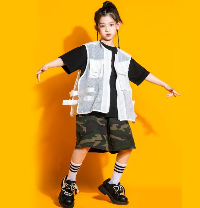 キッズダンス衣装 個性 jazz hiphop 迷彩柄 カーゴパンツ カモフラージュ メッシュ カーゴベスト かっこいい ジャズ ヒップホップ 演出服 男女お揃い 舞台演出服 ステージ衣装