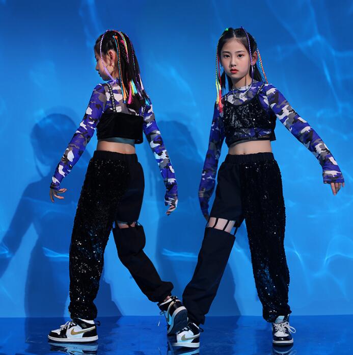 T-Shirts （Short Sleeve） - 女の子 かっこいいダンス衣装 スパンコール 演出服 jazz hiphop チアガール 個性 舞台演出服 迷彩柄Tシャツ スパンコールベスト スパンコールパンツ ステージ衣装 ブルー