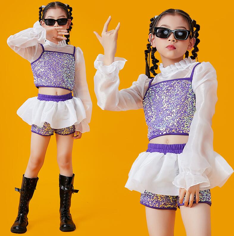 Rakuten - 女の子ダンス衣装 個性 スパンコール 演出服 チアガール ジャズ ヒップホップ 演出服 jazz ダンスウェア ガールズ チア キラキラ ステージ衣装 3点セット パープル