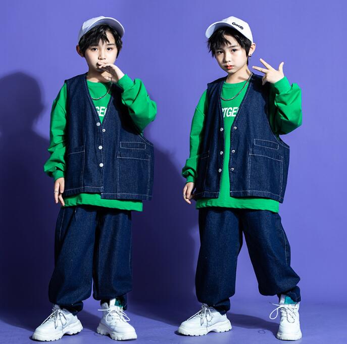 Rakuten - キッズダンス衣装 デニム カーゴベスト ジャズ ヒップホップ 演出服 デニムパンツ Gジャン ゆったり かっこいいダンス衣装 舞台演出服 jazz hiphop 団服 ステージ衣装 110-180