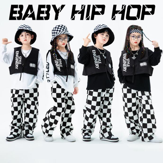 T恤（短袖） - キッズダンス衣装 ジャズ ヒップホップ 子供 演出服 男女お揃い ベスト 長袖Tシャツ チェック柄 ロングパンツ 個性 演出服 jazz hiphop ステージ衣装 2点セット 3点セット