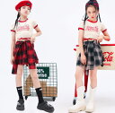 女の子ダンス衣装 ジャズ ヒップホップ チアガール 個性 演出服 半袖へそ出しTシャツ チェック柄キュロット 演出服 jazz hiphop チア ステージ衣装...