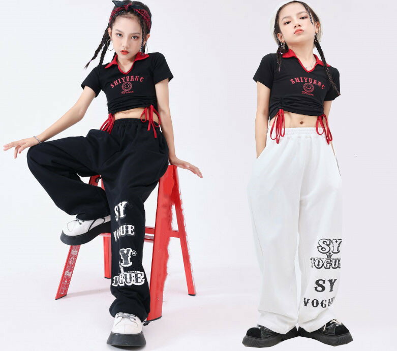 Long-Trousers, Trousers - 女の子ダンス衣装 ゆったり ストレートパンツ へそ出し 半袖Tシャツ ジャズ ヒップホップ 個性 演出服 jazz hiphop チア ステージ衣装 ロングパンツ