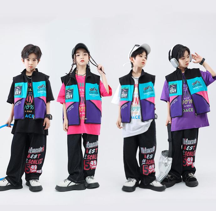 Short Sleeves - キッズダンス衣装 かっこいい ジャズ ヒップホップ 演出服 カーゴベスト デニムパンツ ジーパン 半袖Tシャツ hiphop jazz 学園祭 文化祭 体育祭 個性 ユニセックス ステージ衣装 110-180