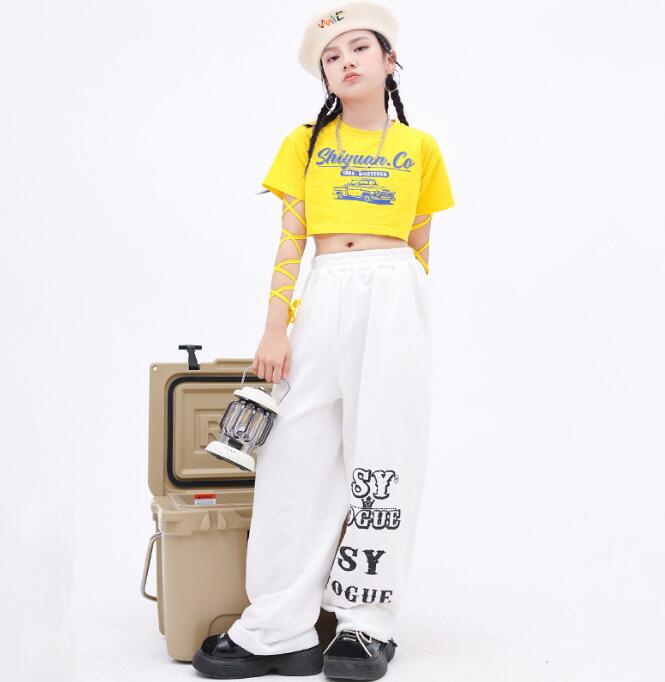 T-Shirts （Short Sleeve） - 女の子ダンス衣装 ジャズ ヒップホップ チア 個性 演出服 へそ出し 長袖Tシャツ ストレートパンツ hiphop jazz 学園祭 文化祭 体育祭 チア 個性 ステージ衣装 イエロー 白
