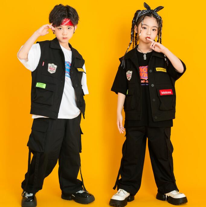 Rakuten - キッズ ジャズ ヒップホップ ダンス衣装 かっこいい カーゴパンツ カーゴベスト 個性 ダンス 衣裳 jazz hiphop 舞台衣装 演出服 学園祭 団服 ステージ衣装 黒