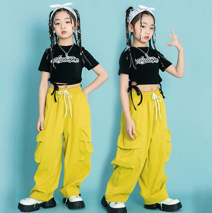 女の子 ダンス衣装 かっこいい カーゴパンツ へそ出しTシャツ 子供 ジャズ ヒップホップ ダンス 衣裳 jazz hiphop 女の子 舞台衣装 個性 演出服 学園祭 団服 ステージ衣装 イエロー